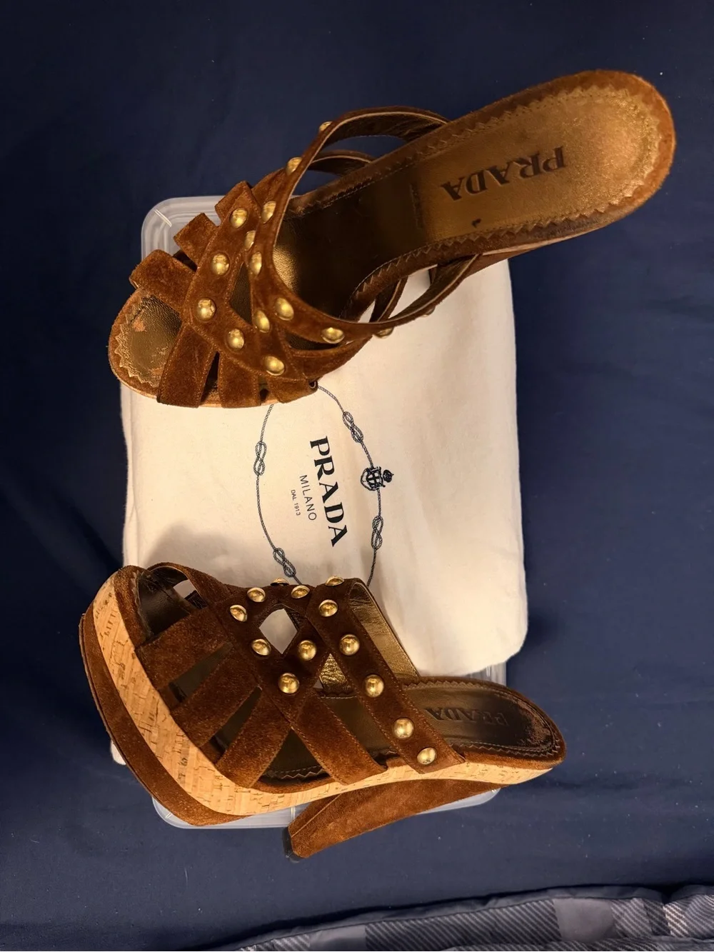 Prada Brown Suede Cork Wedge Sandals with Gold Studs
